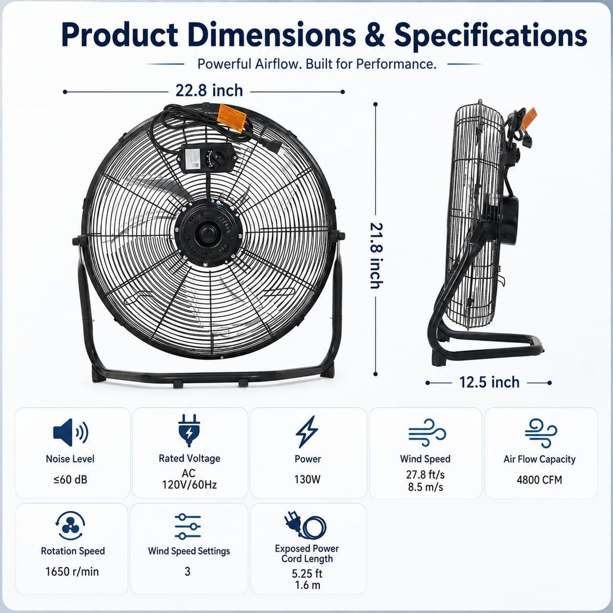 20 Inch Industrial Floor Fan, 3 Speeds, 360° Tilt H3879