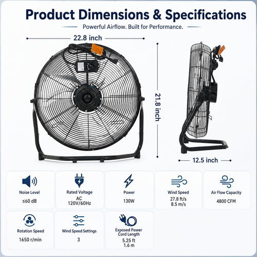 20 Inch Industrial Floor Fan, 3 Speeds, 360° Tilt H3879