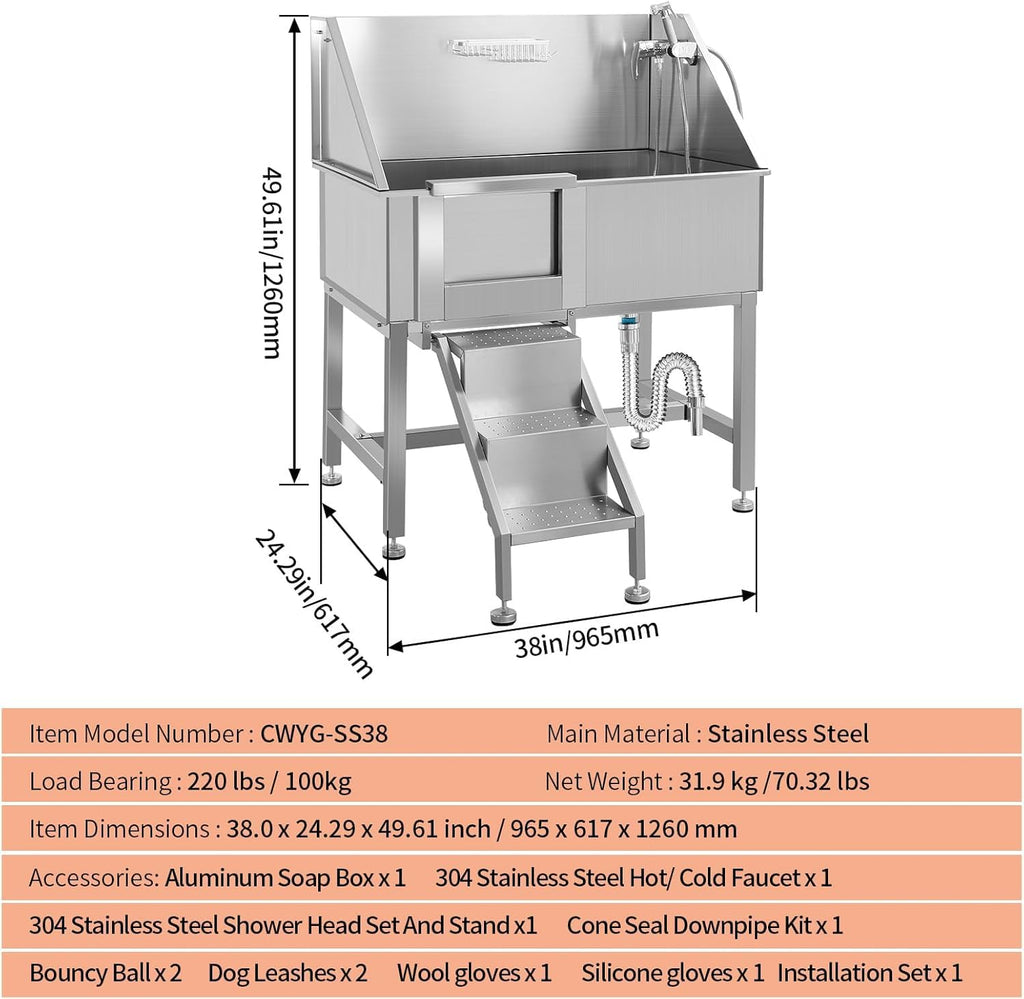 38 Inch Stainless Steel Dog Grooming Tub with Ramp T748