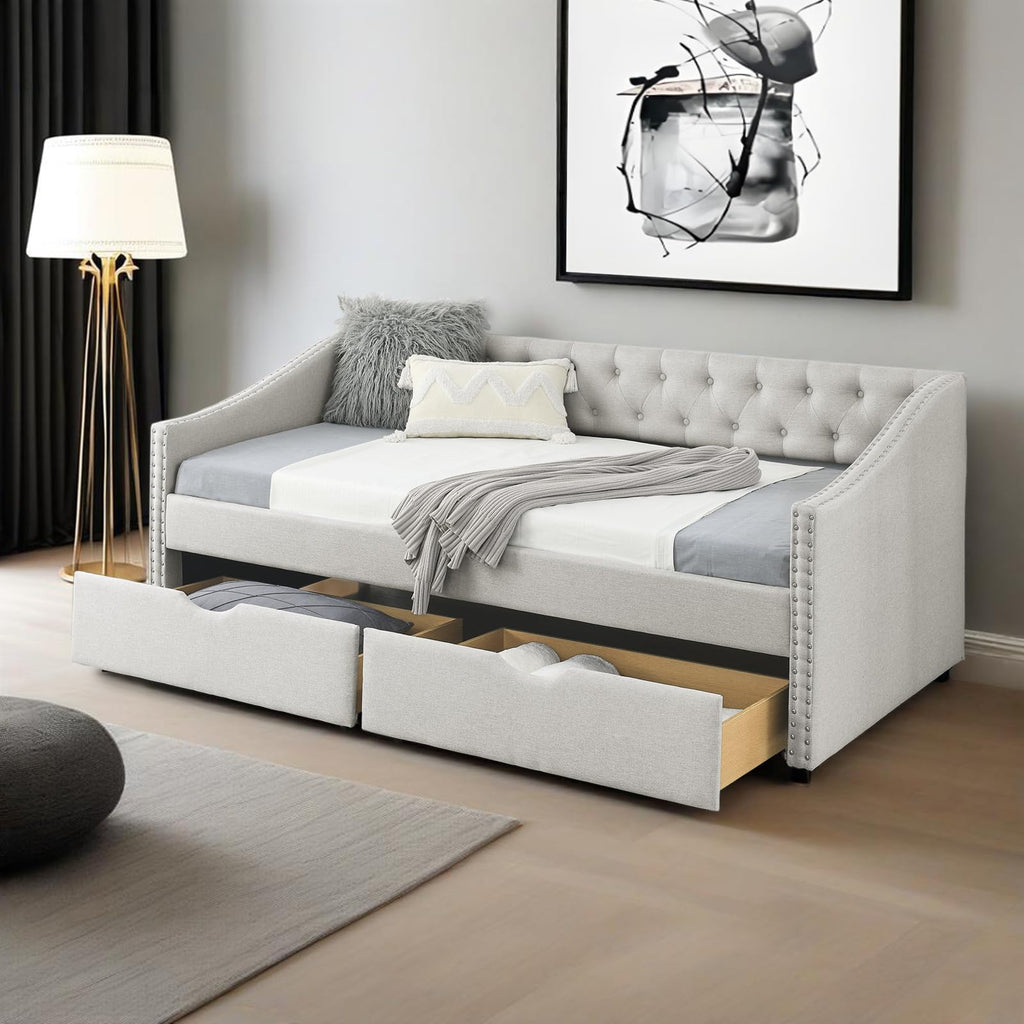 Twin Linen Upholstered Daybed with 2 Storage Drawers U104
