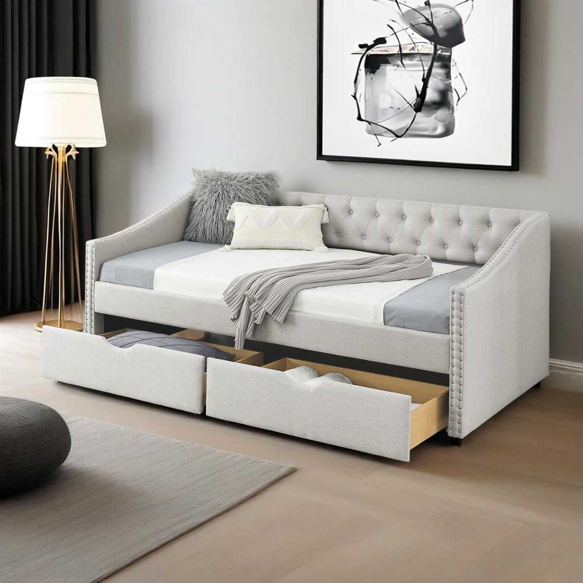 Twin Linen Upholstered Daybed with 2 Storage Drawers U104