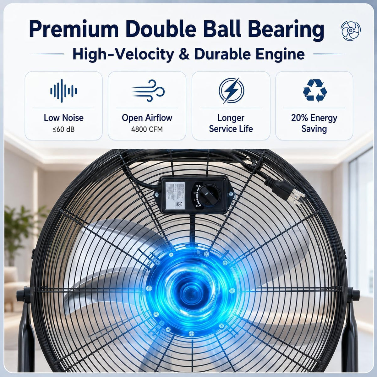 20 Inch Industrial Floor Fan, 3 Speeds, 360° Tilt H3879