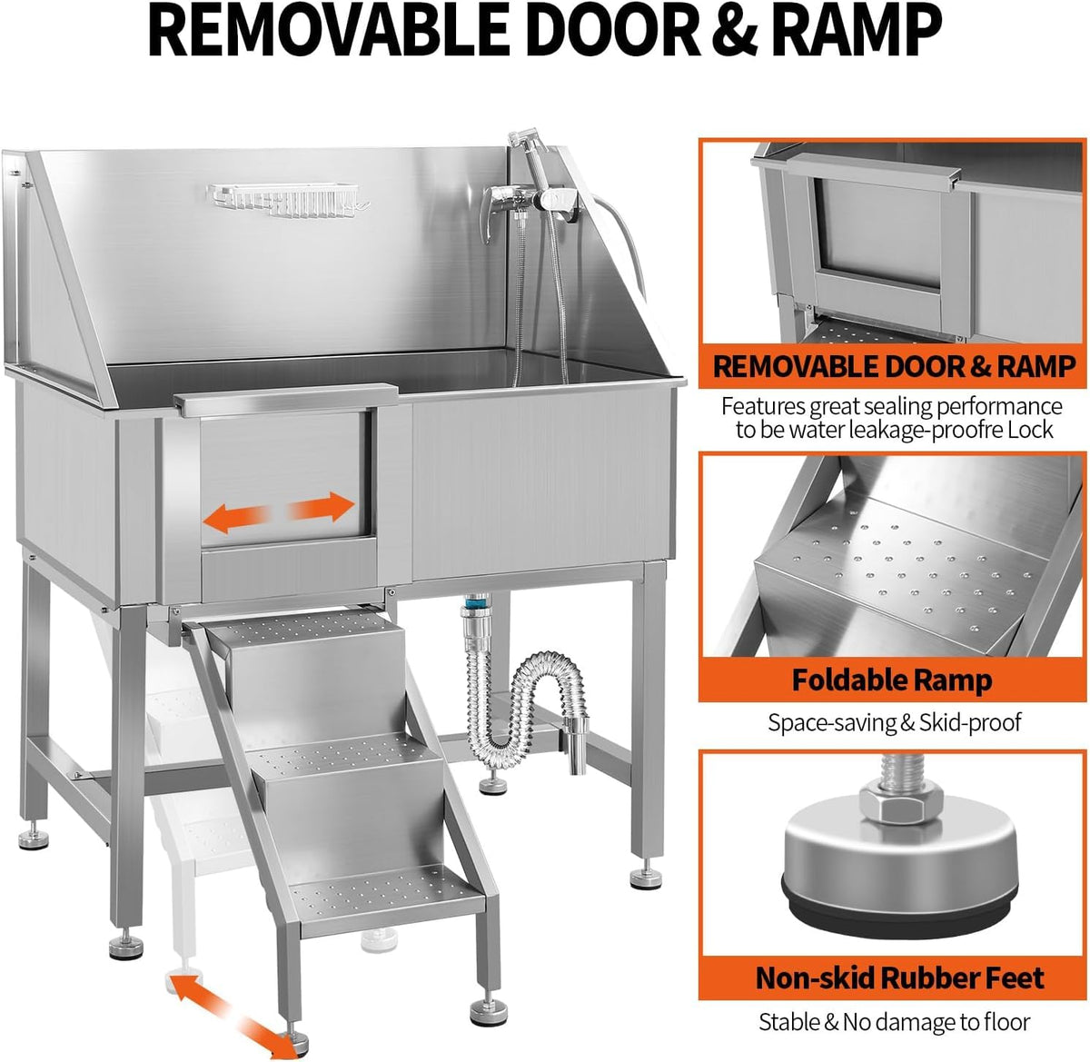 38 Inch Stainless Steel Dog Grooming Tub with Ramp T748