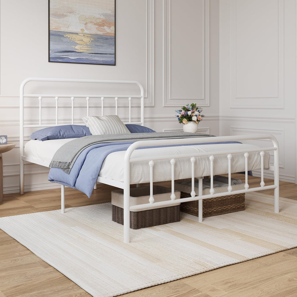Full Size White Metal Platform Bed Frame with Headboard B402