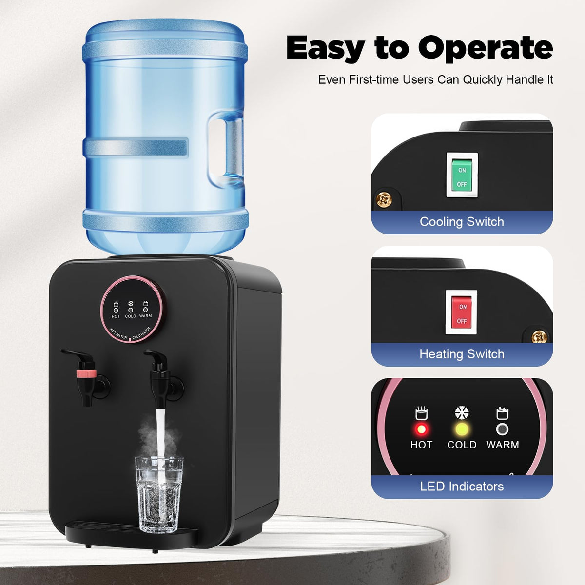 Top Loading Countertop Water Cooler Dispenser with Hot/Cold/Warm 3-Temp Settings, Black Q5205