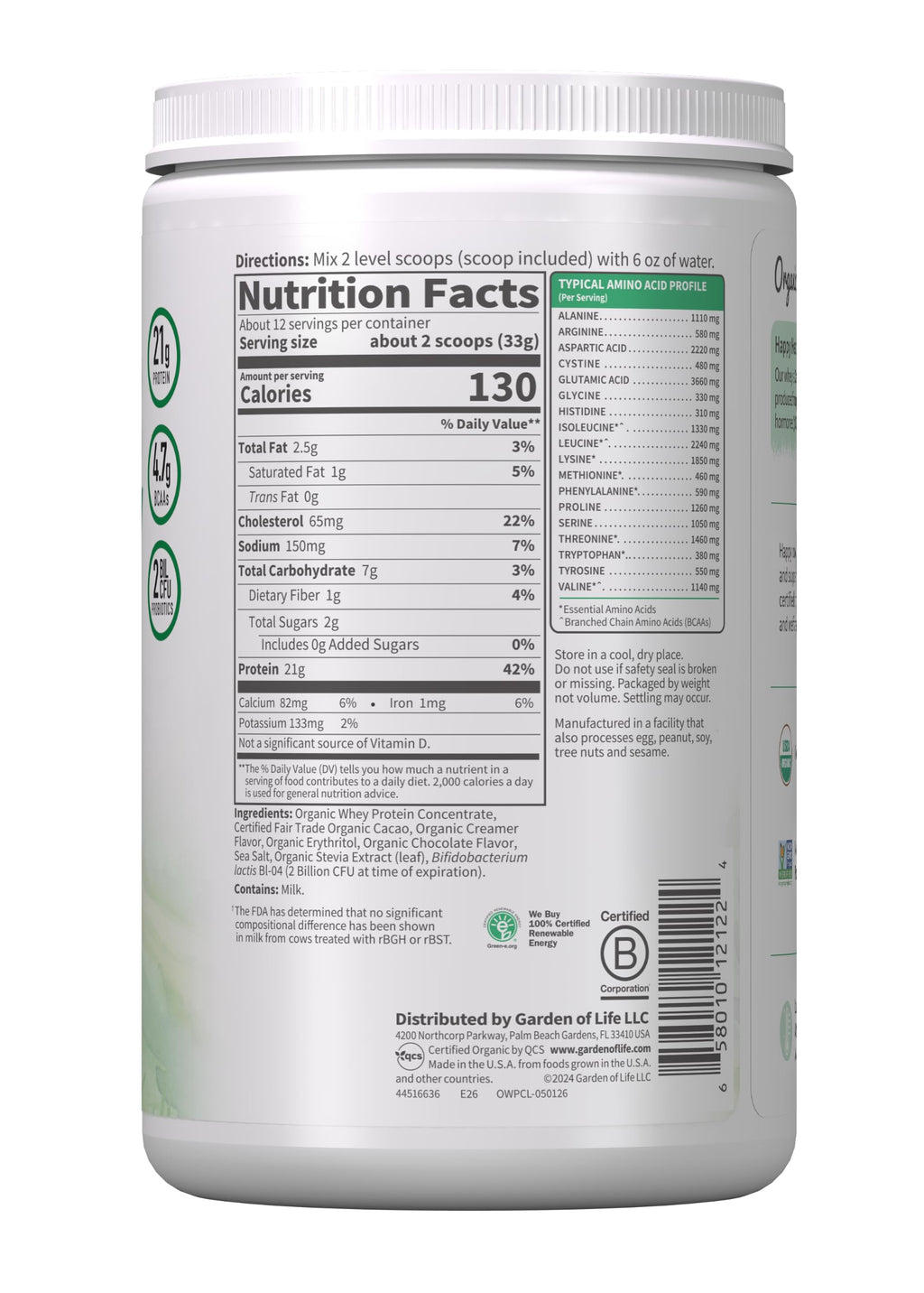 Organic Whey Protein Chocolate Grass Fed Protein Powder B506867