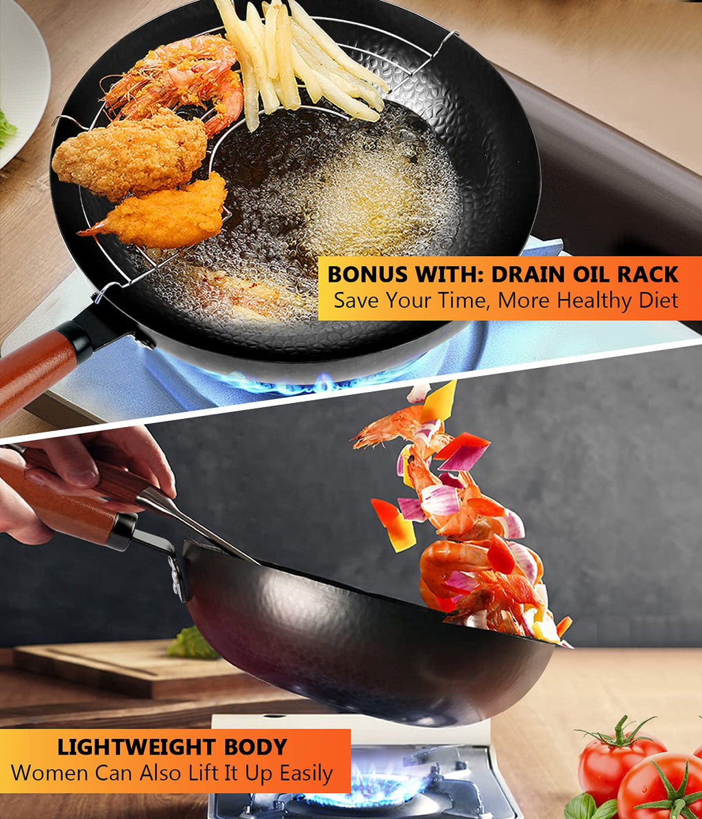 14 Piece Carbon Steel Wok Pan Set with Wooden Lid W6351
