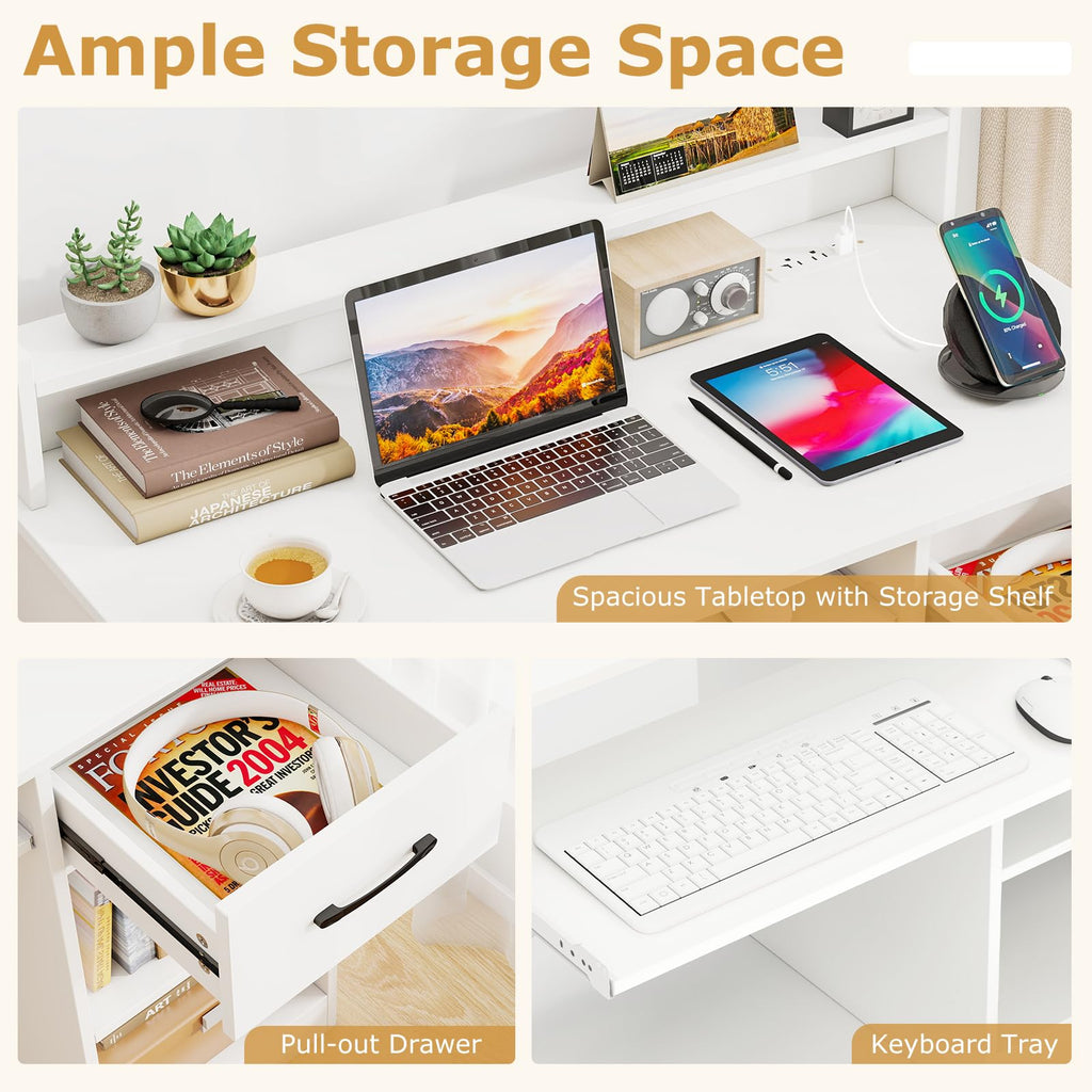 White Desk with Drawer and Keyboard Tray W86323