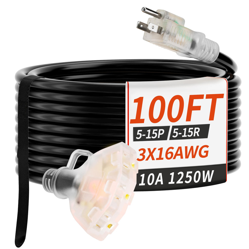 100 FT 16/3 Outdoor Extension Cord with Multiple Outlets Black M57473