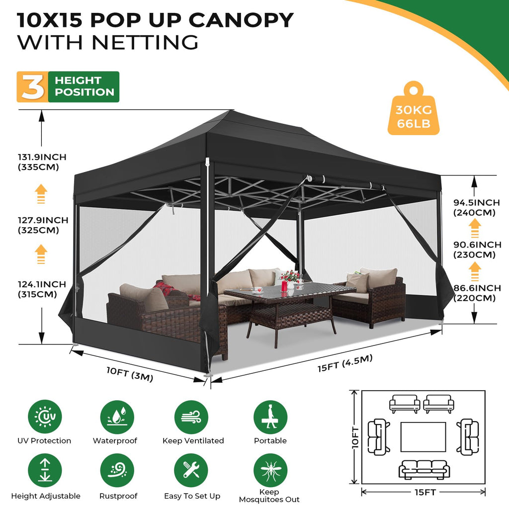 10x15 Heavy Duty Pop Up Canopy with 4 Mosquito Net Sidewalls, Black A4392