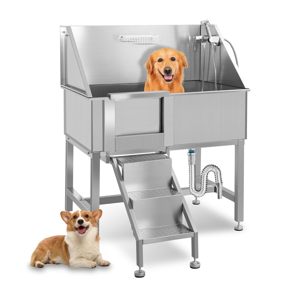 38 Inch Stainless Steel Dog Grooming Tub with Ramp T748