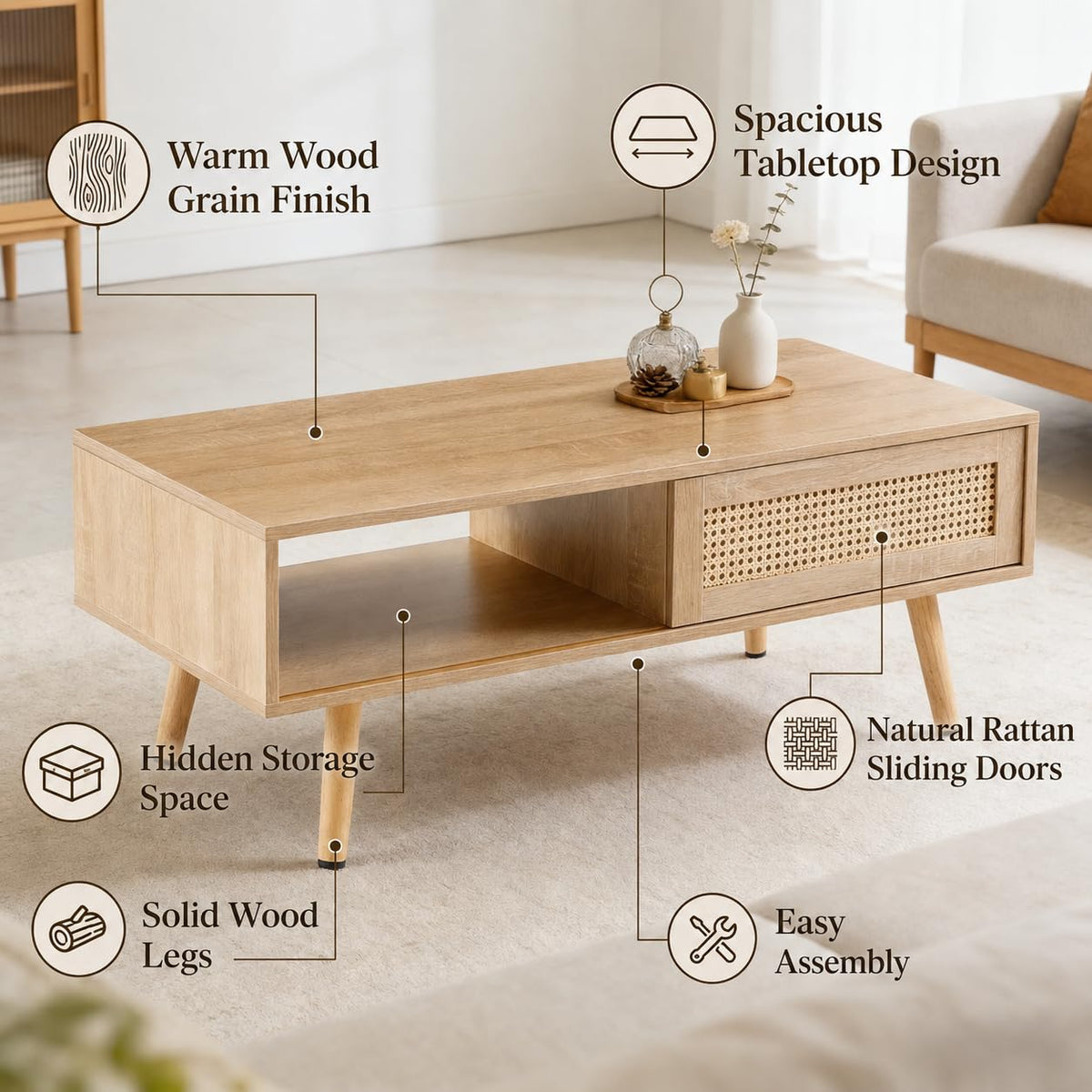 Rattan Coffee Table with Sliding Door Storage B4774