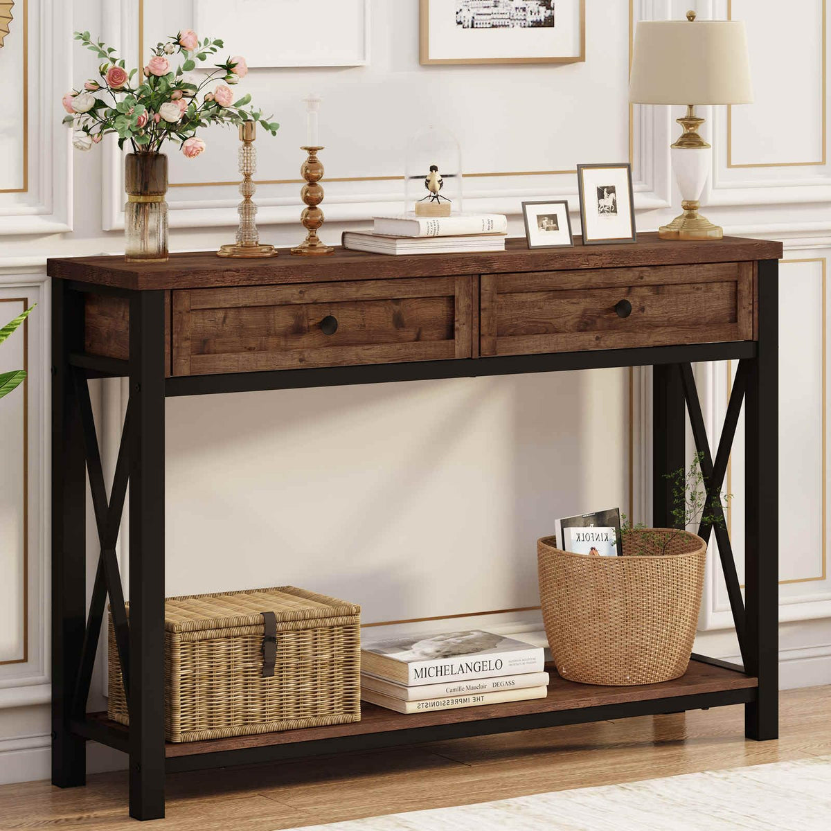 Rustic Oak 47 Inch Console Table with 2 Drawers E3777