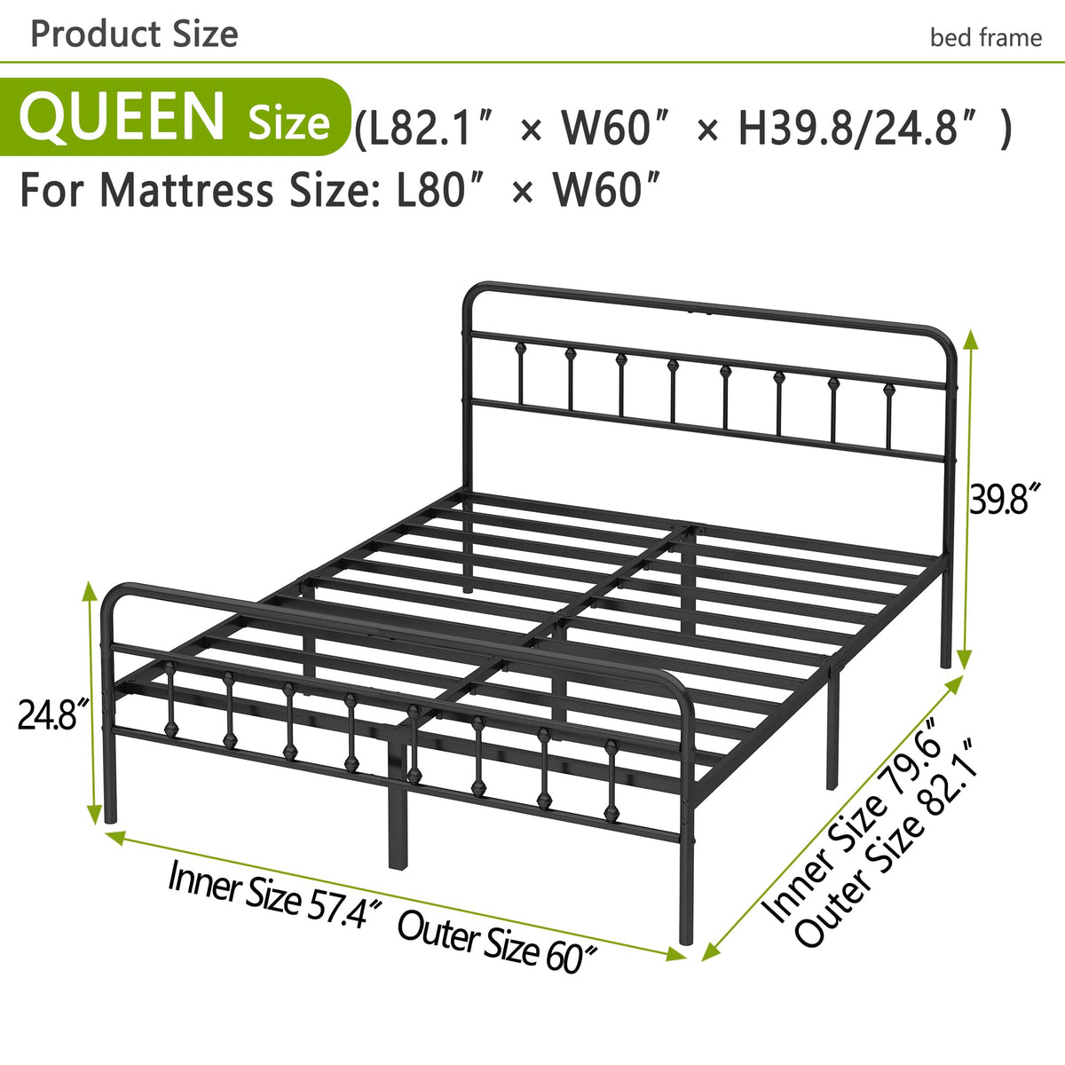 Queen Size Black Metal Bed Frame N333
