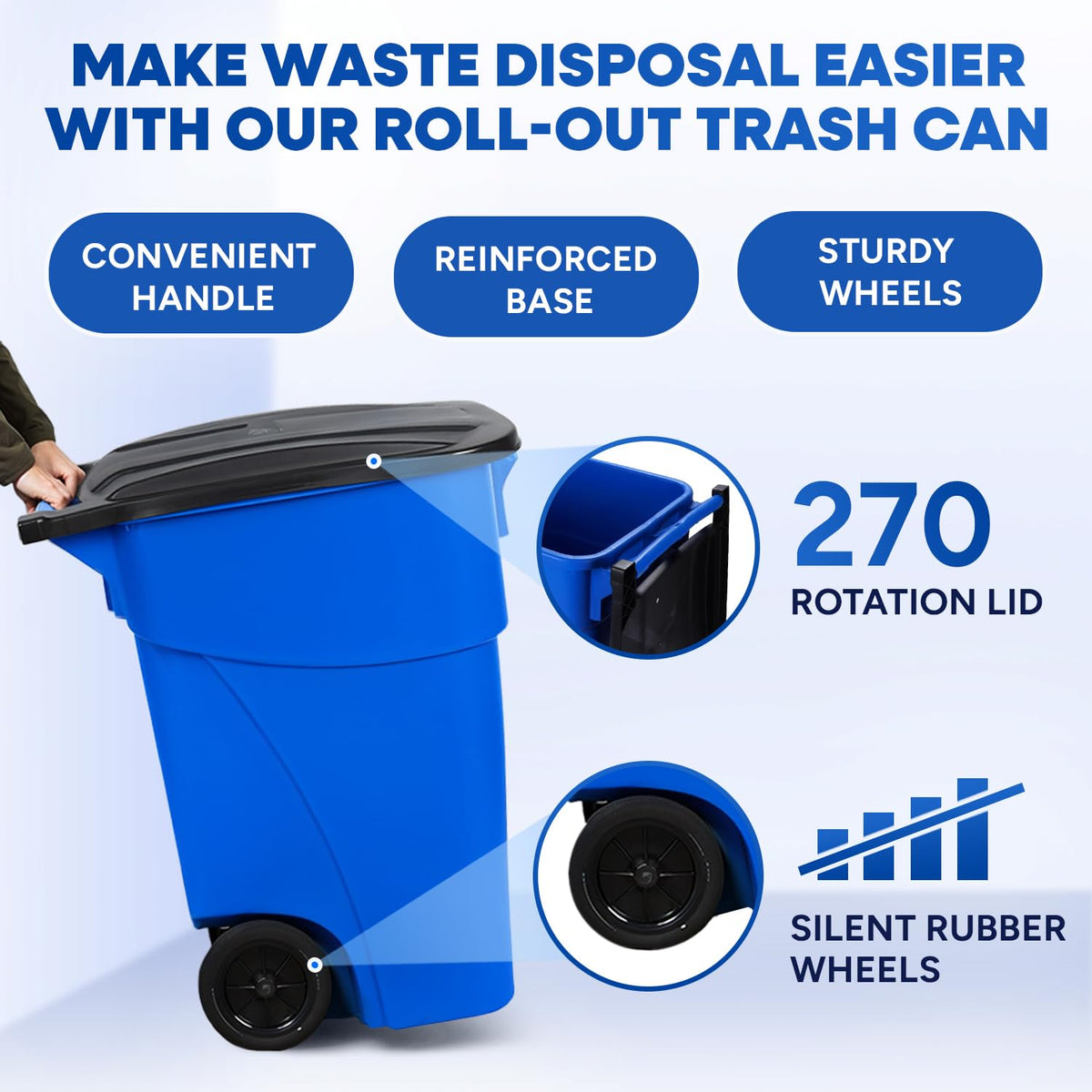 50 Gallon Blue Plastic Trash Can with Lid and Wheels U4832