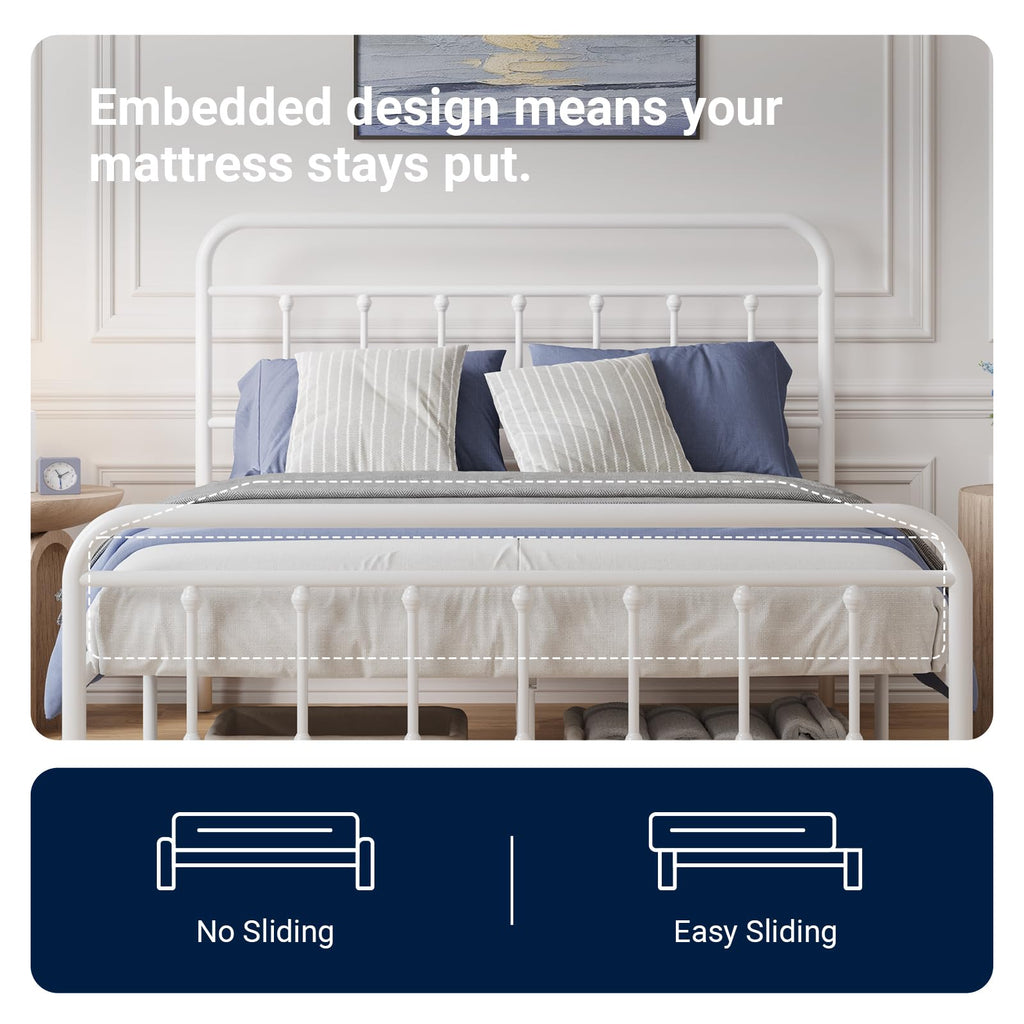 Full Size White Metal Platform Bed Frame with Headboard B402