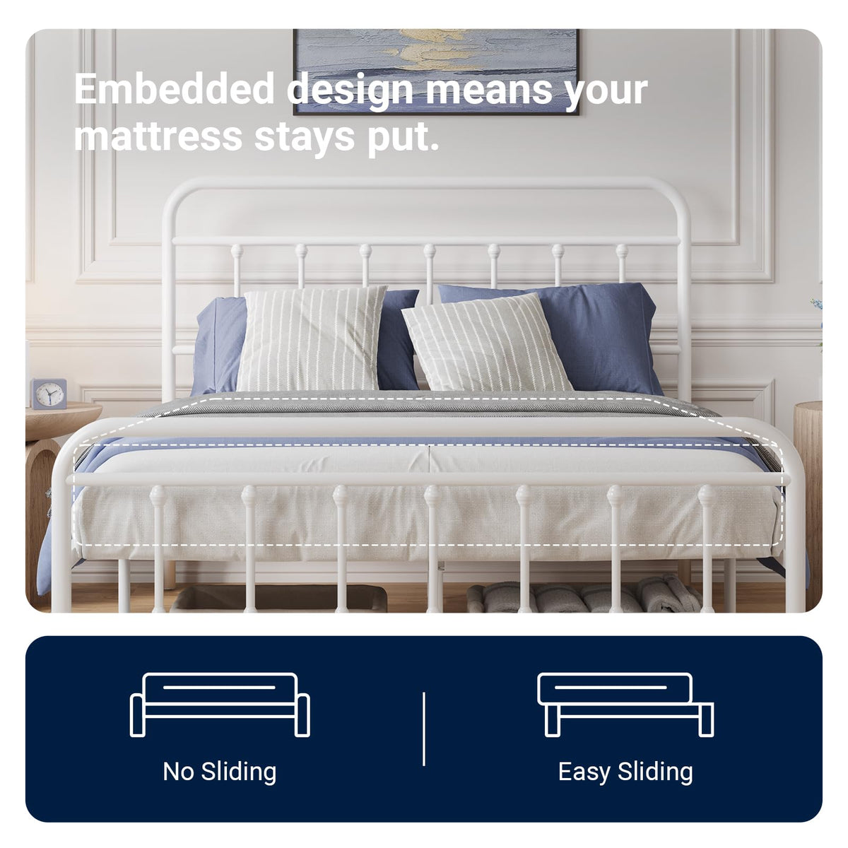 Full Size White Metal Platform Bed Frame with Headboard B402