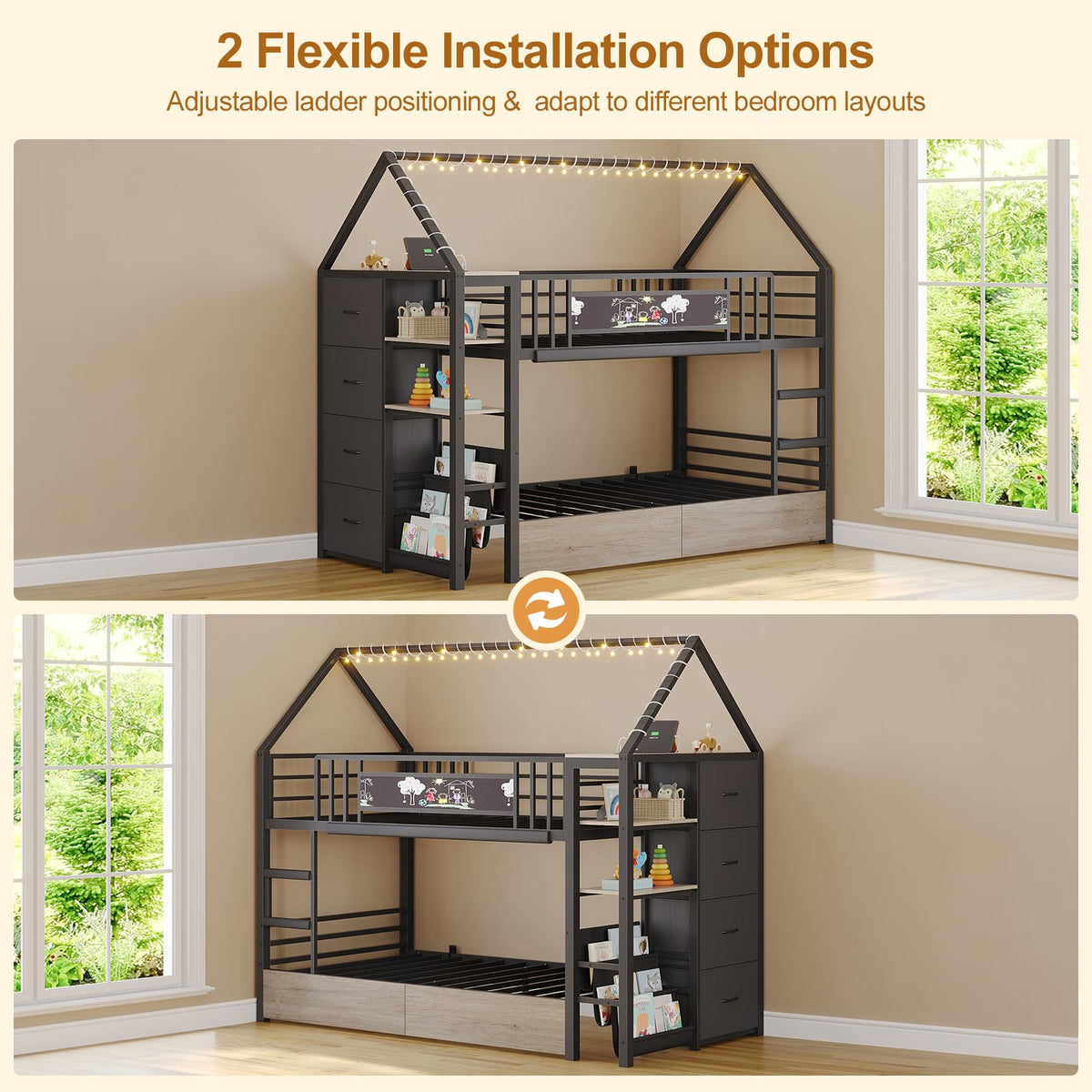 Twin Bunk Bed with Storage Bookshelf, 6 Drawers & USB V10225
