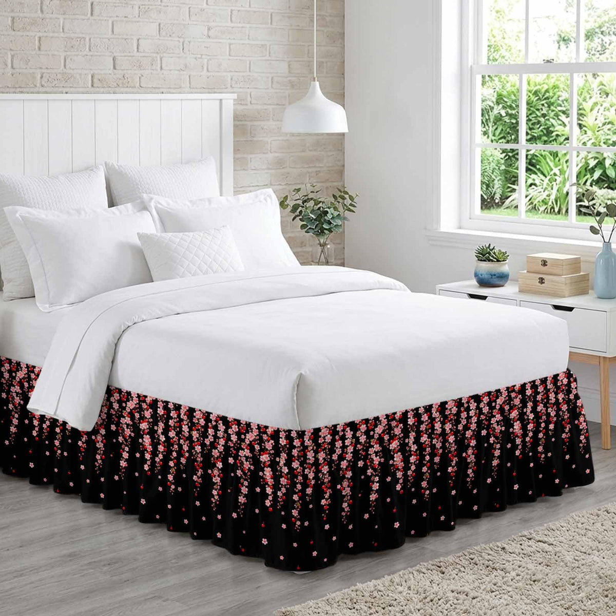 Pink Floral Ruffled Wrap Around Bed Skirt California King 18" Drop M9033