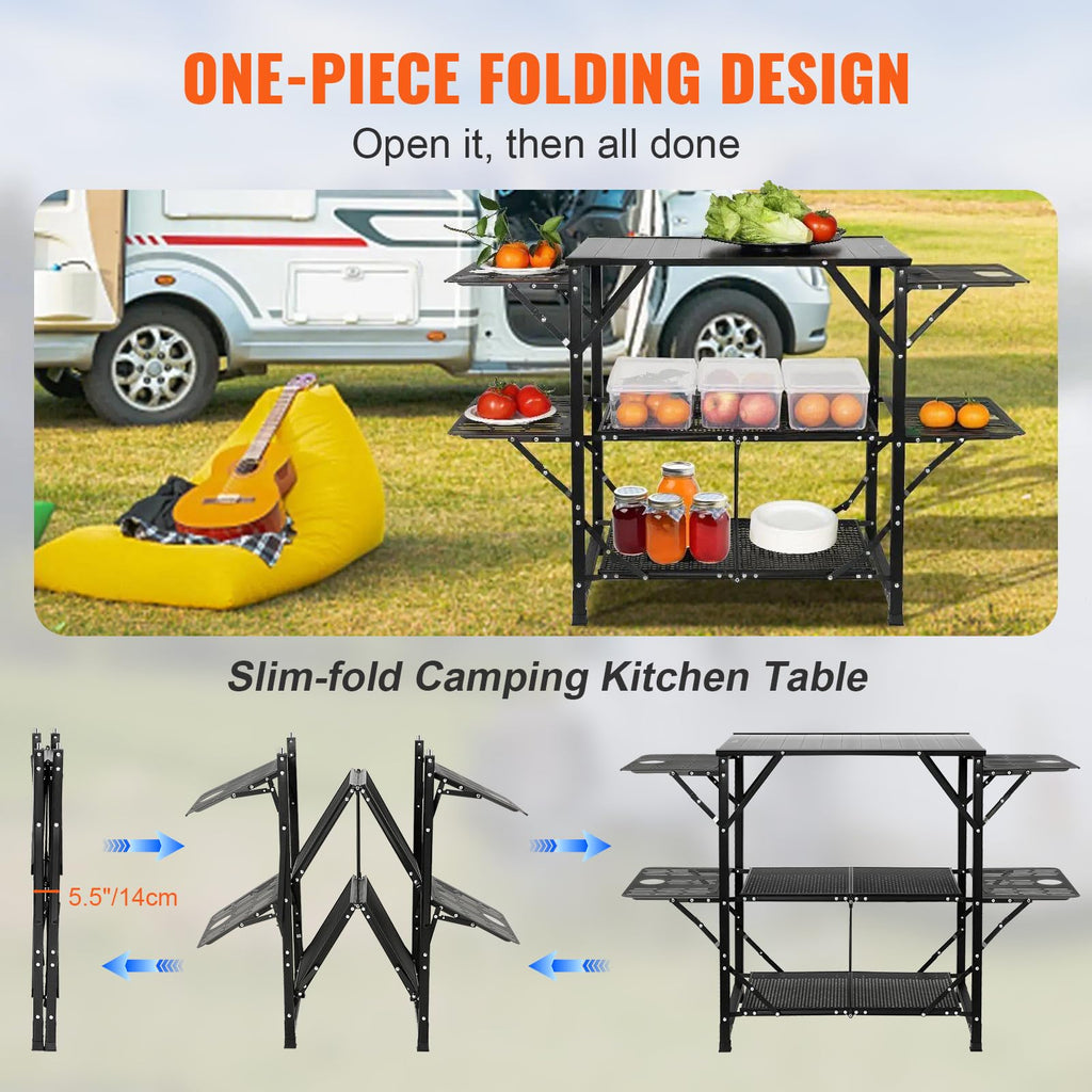 Aluminum Folding Camping Kitchen Table with 2 Shelves I989015