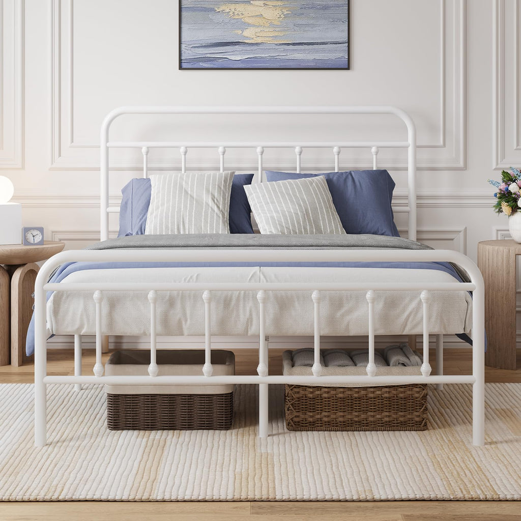 Full Size White Metal Platform Bed Frame with Headboard B402