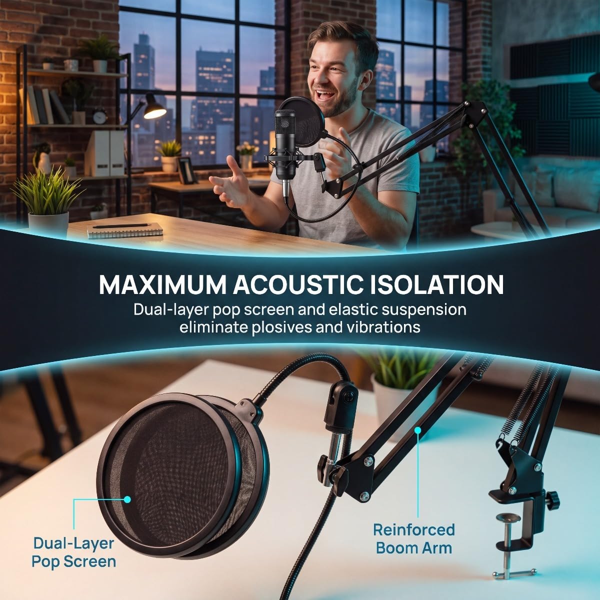 USB Condenser Microphone Kit with Boom Arm, Pop Filter, Shock Mount S910004