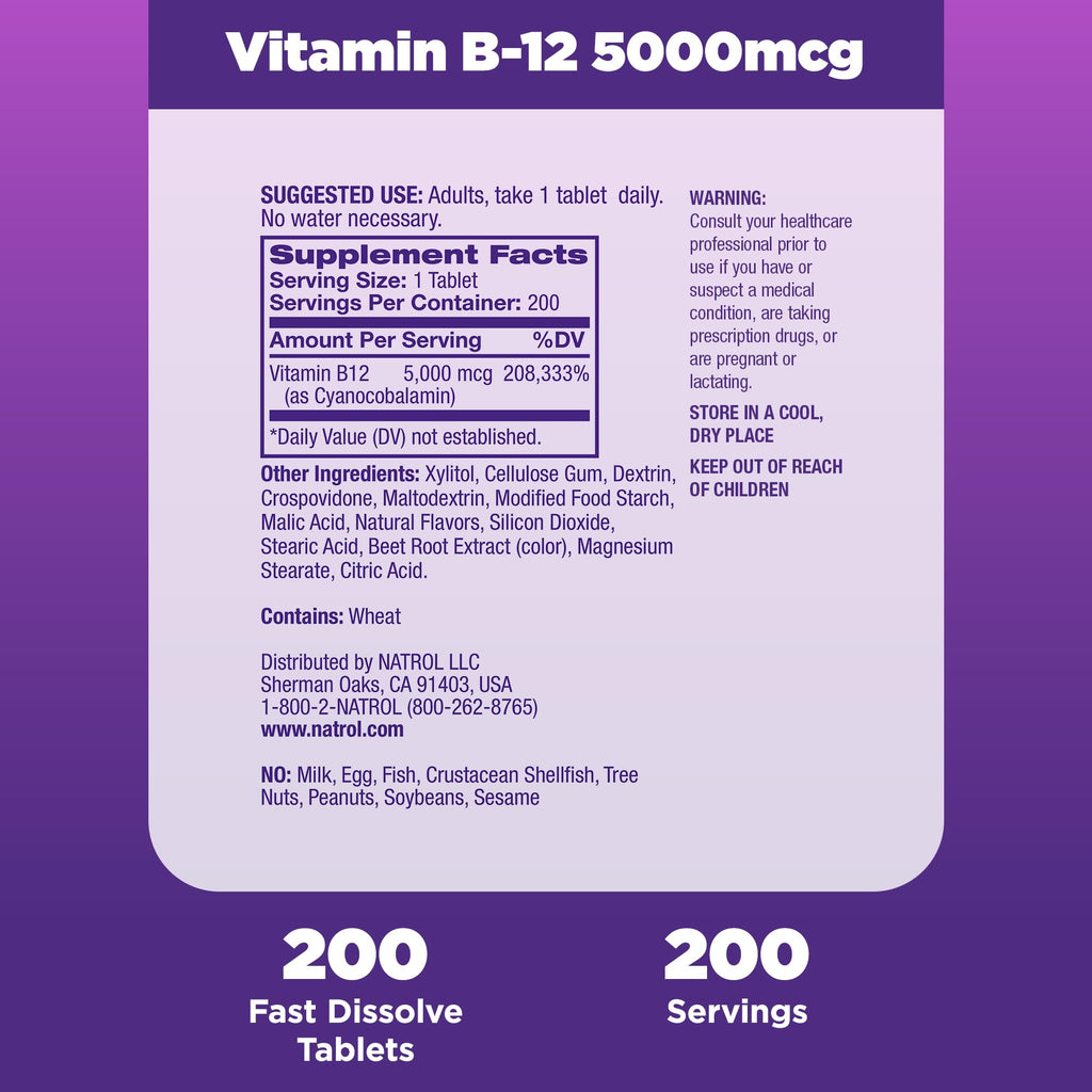 B12 5000 mcg Fast Dissolve 200 Tablets E65496