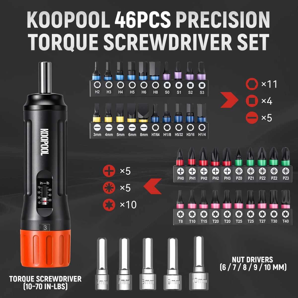 46Pcs Torque Screwdriver Set 1/4" 10-70 in-lb T2299