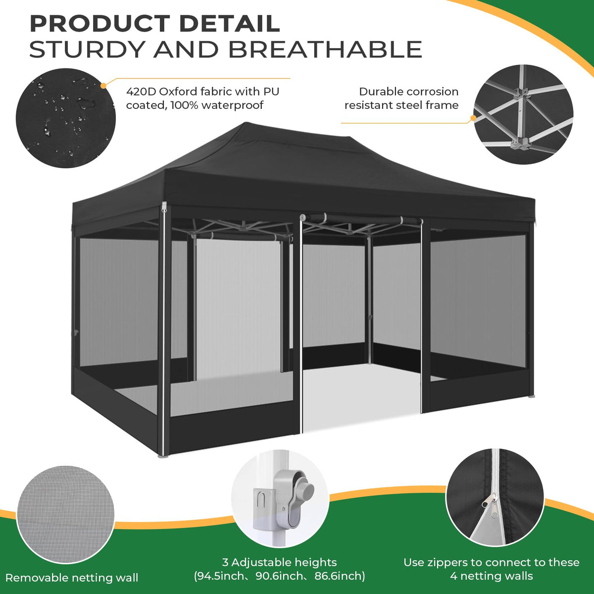 10x15 Heavy Duty Pop Up Canopy with 4 Mosquito Net Sidewalls, Black A4392