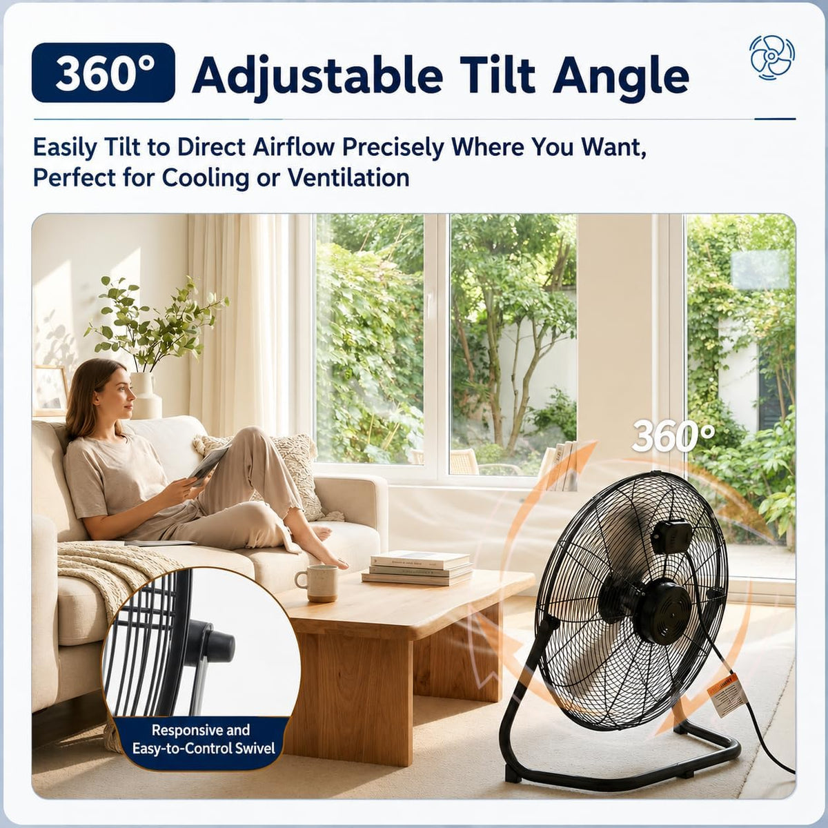 20 Inch Industrial Floor Fan, 3 Speeds, 360° Tilt H3879