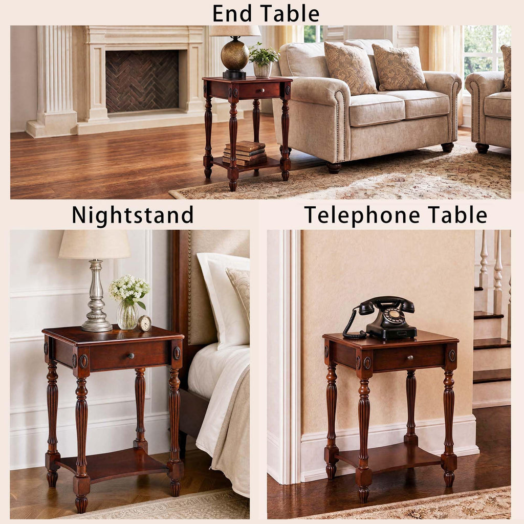 Solid Wood Side Table with Drawer, Cherry Walnut E57284