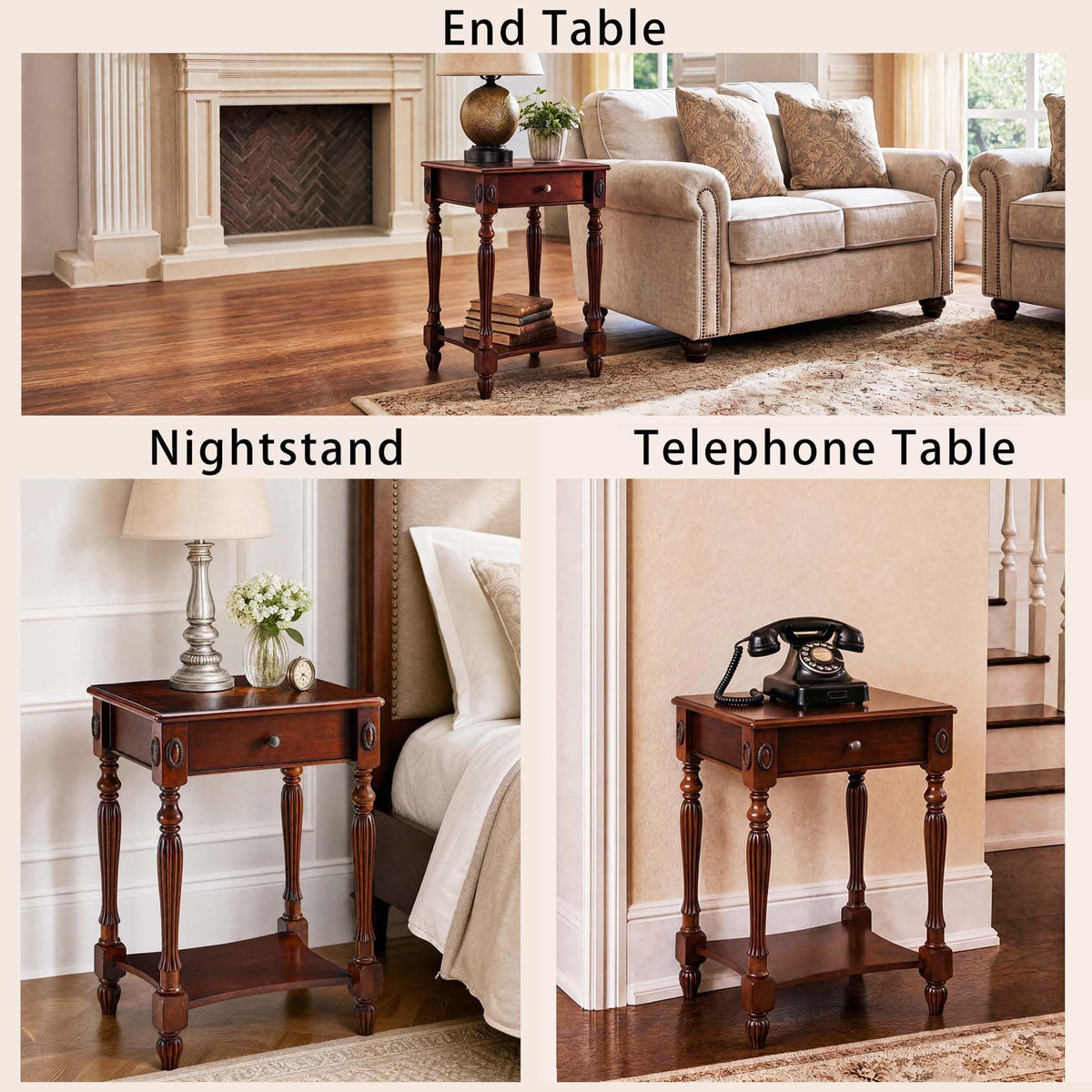 Solid Wood Side Table with Drawer, Cherry Walnut E57284