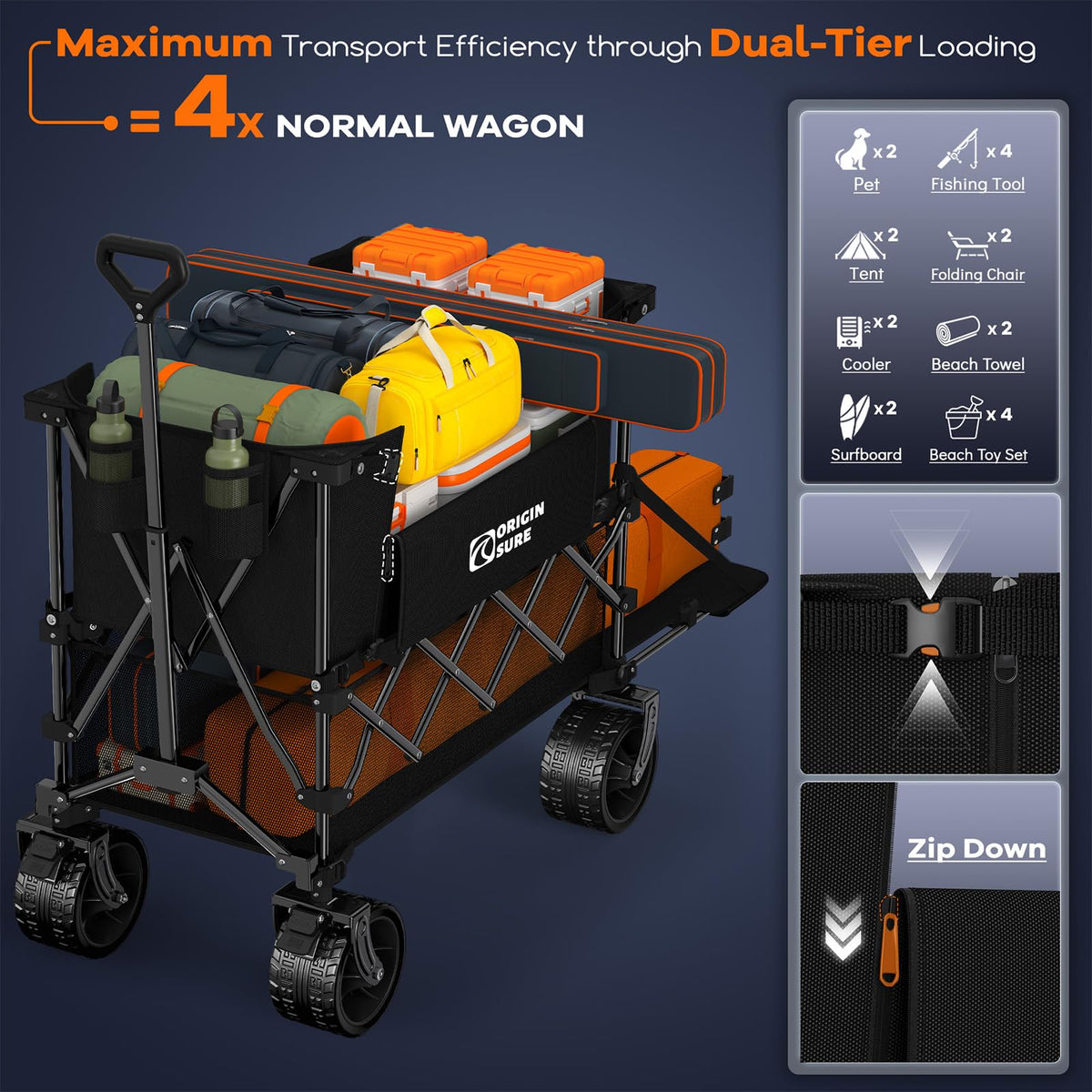 Foldable Double Decker Wagon, 560lbs, Black Z1646