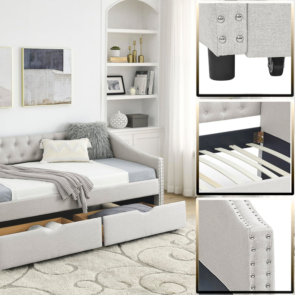 Twin Linen Upholstered Daybed with 2 Storage Drawers U104