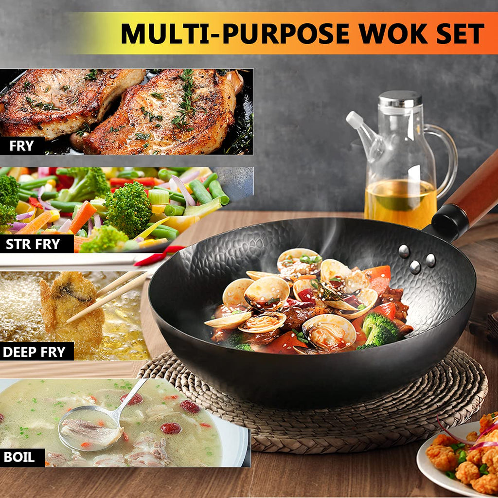 14 Piece Carbon Steel Wok Pan Set with Wooden Lid W6351
