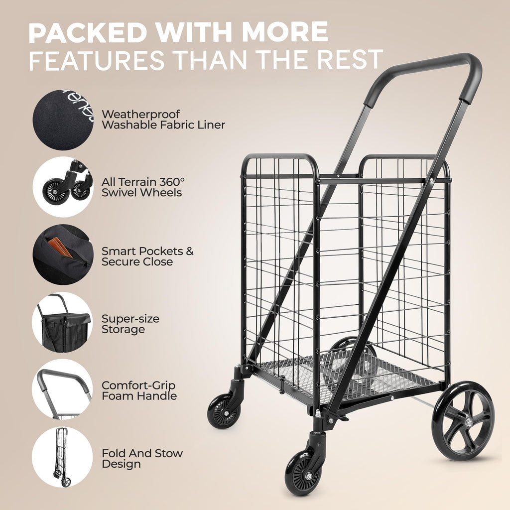 Large Folding Utility Shopping Cart with Removable Liner, 110 lb Capacity, Black C186