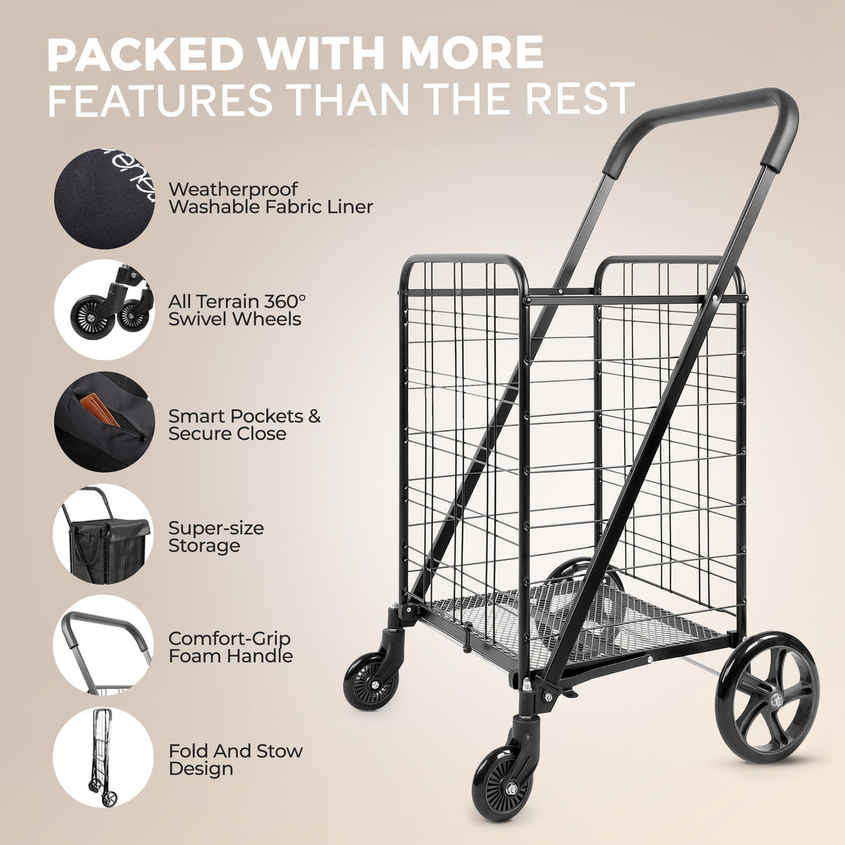 Large Folding Utility Shopping Cart with Removable Liner, 110 lb Capacity, Black C186