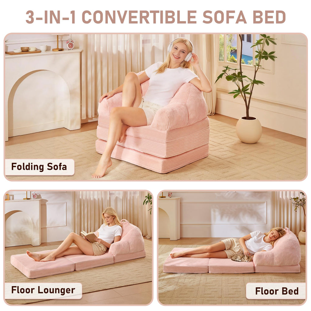 Pink 3-in-1 Convertible Folding Sofa Bed T3607