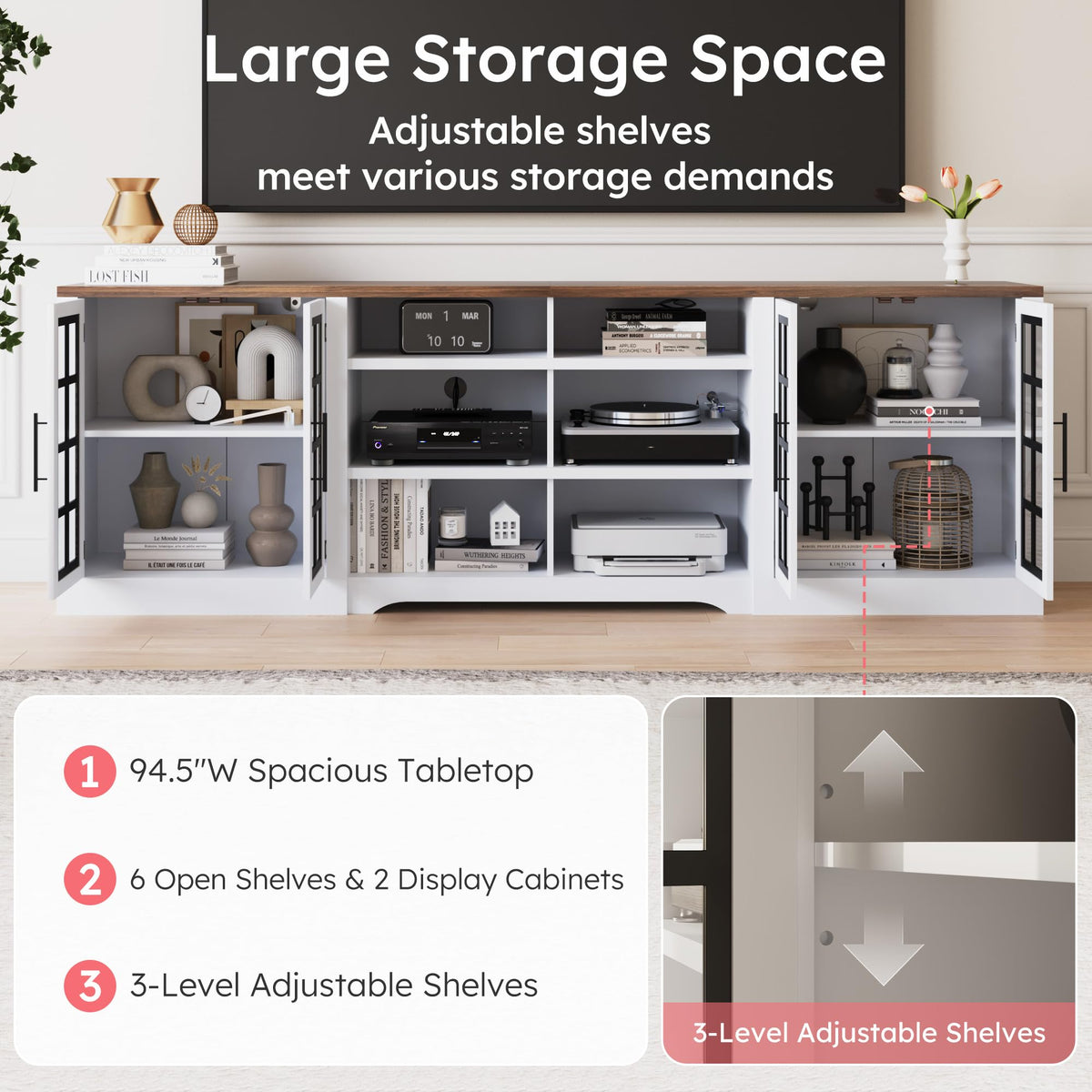 White Black TV Stand with 2 Cabinets and 3-Tier Shelves A714621
