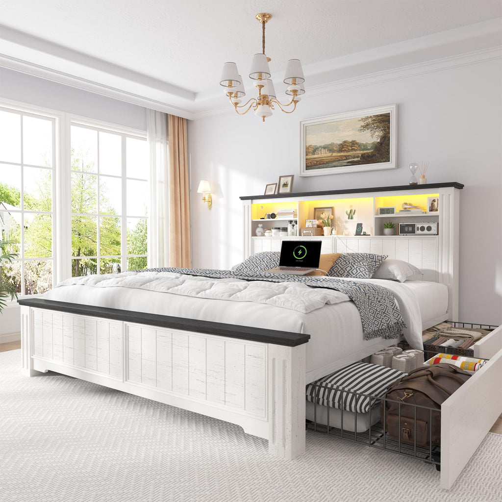 White Full Size Bed Frame with Headboard and Storage V800501