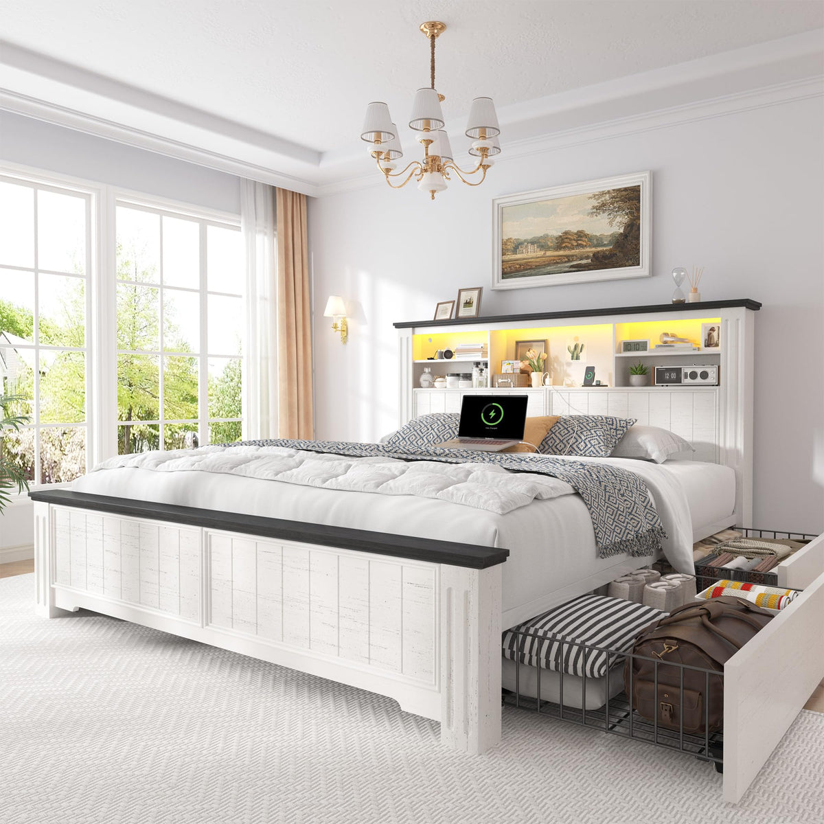 White Full Size Bed Frame with Headboard and Storage V800501