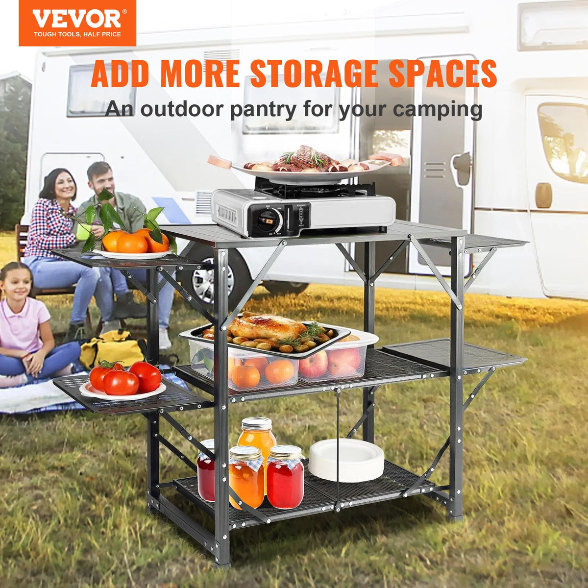 Aluminum Folding Camping Kitchen Table with 2 Shelves I989015