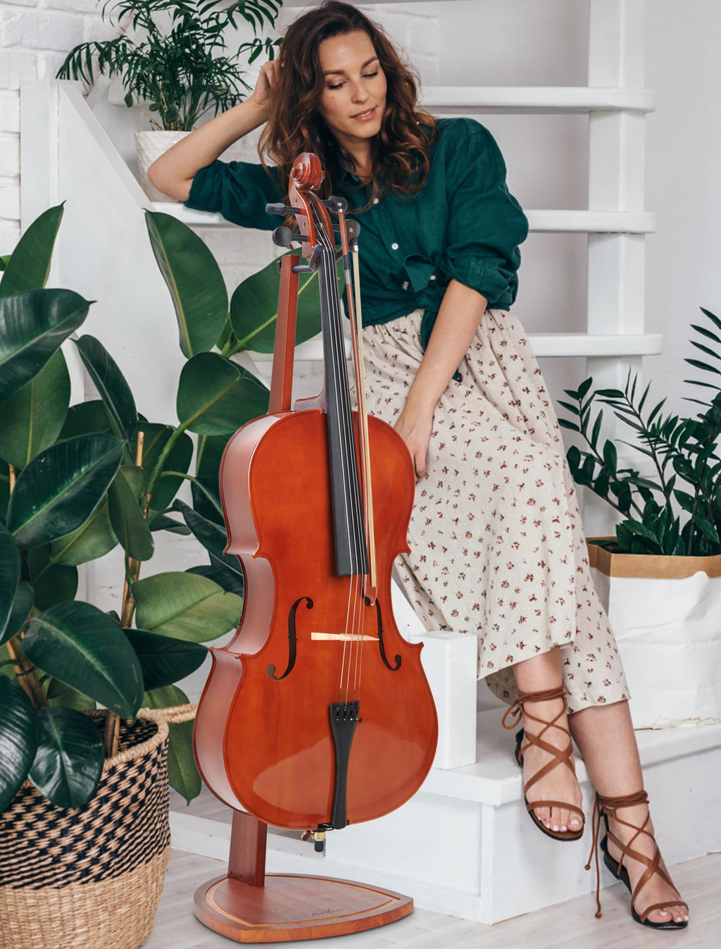 Mahogany Wood Cello Stand with Bow Holder A540547