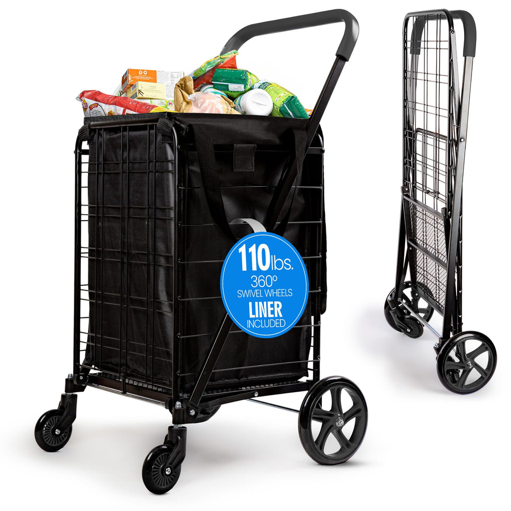 Large Folding Utility Shopping Cart with Removable Liner, 110 lb Capacity, Black C186
