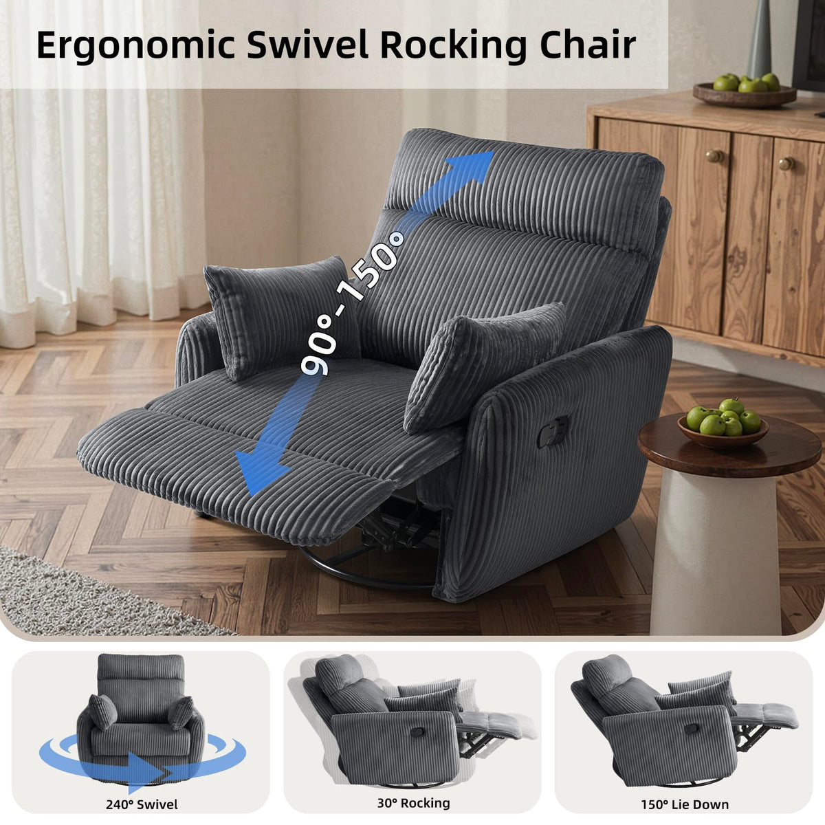 Gray Corduroy Swivel Recliner Chair E11884