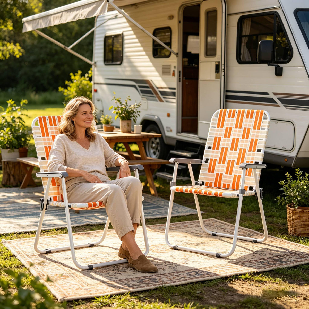 Folding Webbed Patio Chair Set of 2 Orange & White U5919