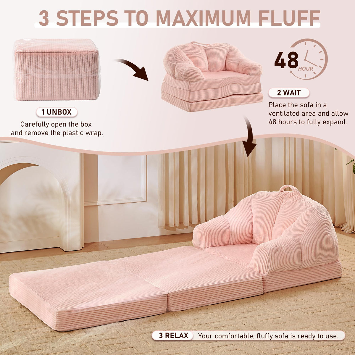 Pink 3-in-1 Convertible Folding Sofa Bed T3607