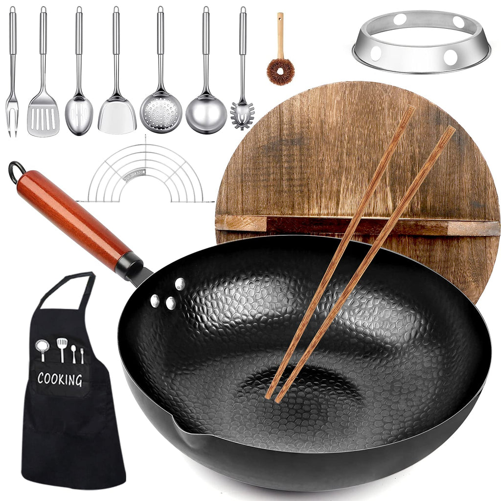 14 Piece Carbon Steel Wok Pan Set with Wooden Lid W6351