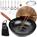 14 Piece Carbon Steel Wok Pan Set with Wooden Lid W6351