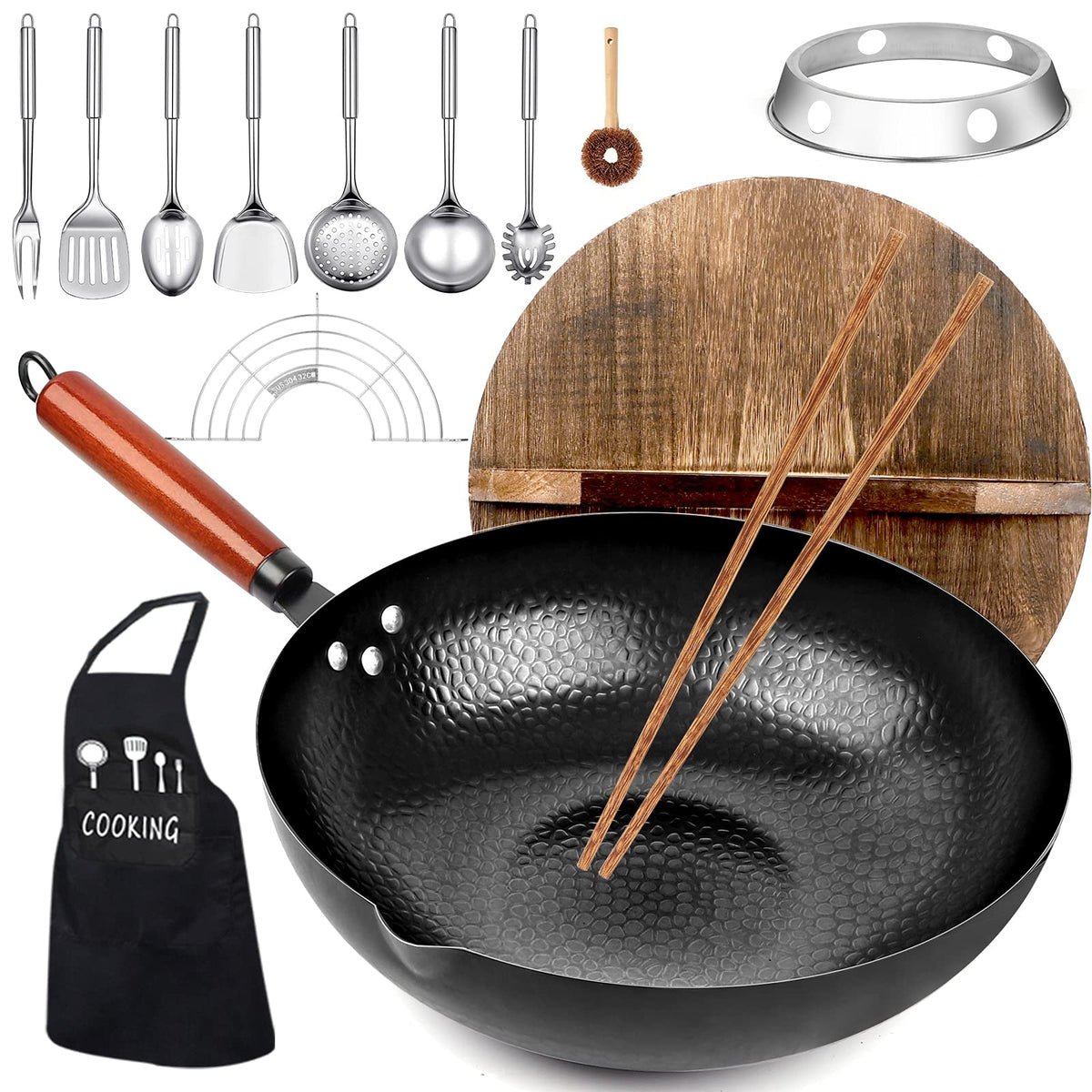 14 Piece Carbon Steel Wok Pan Set with Wooden Lid W6351